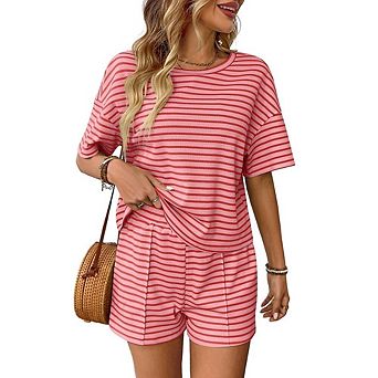 Women's 2 pc Set Striped Knit Crew Neck Short Sleeve Top and Shorts for Daily Lounge Athletic