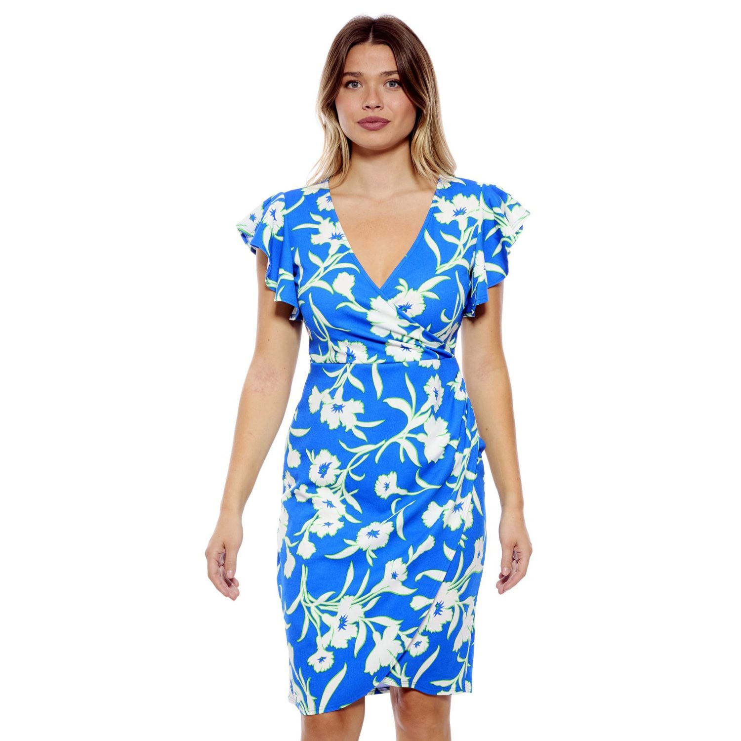 Женские платья 24Seven Comfort Apparel Floral Flutter Sleeve Faux Wrap Dress