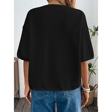 Womens Tie Front Cardigan Sweaters Cute Bow Short Sleeve Summer Loose Ribbed Knit Sweater Tops