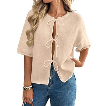 Womens Tie Front Cardigan Sweaters Cute Bow Short Sleeve Summer Loose Ribbed Knit Sweater Tops