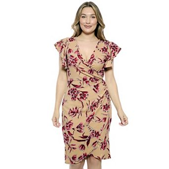 Women's 24Seven Comfort Apparel Beige Floral Flutter Sleeve Faux Wrap Dress
