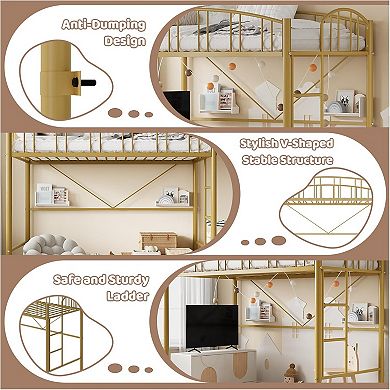Twin Size Loft Bed with Ladder and Guardrail, Metal Slats Support No Box Spring Needed