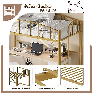 Twin Size Loft Bed with Ladder and Guardrail, Metal Slats Support No Box Spring Needed
