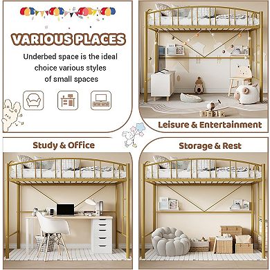 Twin Size Loft Bed with Ladder and Guardrail, Metal Slats Support No Box Spring Needed