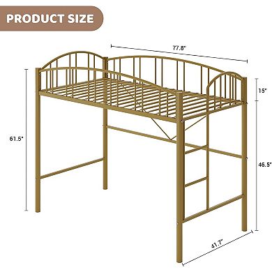 Twin Size Loft Bed with Ladder and Guardrail, Metal Slats Support No Box Spring Needed