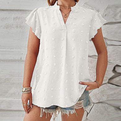 Women's V Neck Ruffle Short Sleeve Blouse Swiss Dot Top Casual Work Shirt