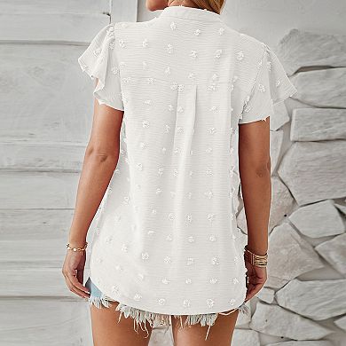 Women's V Neck Ruffle Short Sleeve Blouse Swiss Dot Top Casual Work Shirt