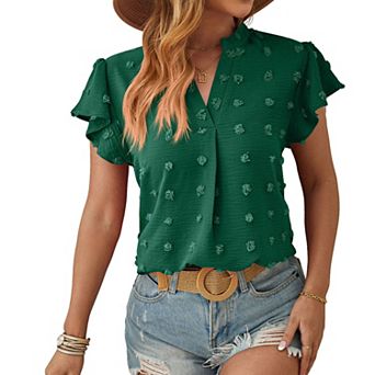 Women's V Neck Ruffle Short Sleeve Blouse Swiss Dot Top Casual Work Shirt