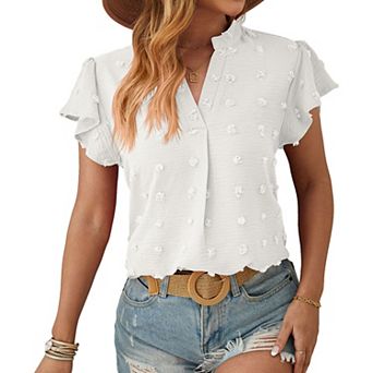 Women's V Neck Ruffle Short Sleeve Blouse Swiss Dot Top Casual Work Shirt