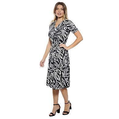 Women's 24Seven Comfort Apparel Abstract V-Neck Short Sleeve A-Line Midi Dress