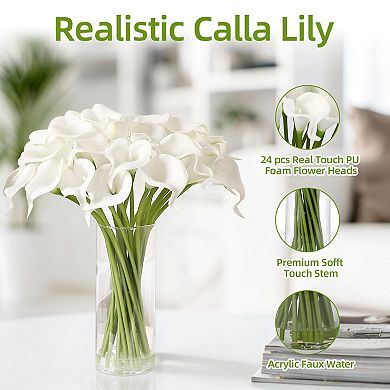 24 Stems Real Touch Calla Lily Artificial Flowers in Glass Vase w/Faux Water