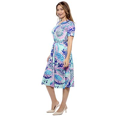Women's 24Seven Comfort Apparel Blue Abstract V-Neck Short Sleeve A-Line Midi Dress
