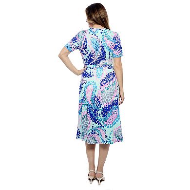 Women's 24Seven Comfort Apparel Blue Abstract V-Neck Short Sleeve A-Line Midi Dress