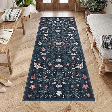 Insect Botanical Washable Runner Rugs,Boho Under Table Carpet