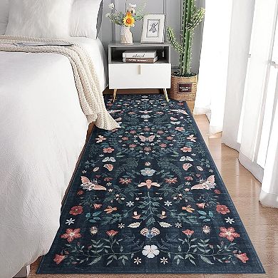 Insect Botanical Washable Runner Rugs,Boho Under Table Carpet