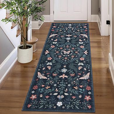 Insect Botanical Washable Runner Rugs,Boho Under Table Carpet