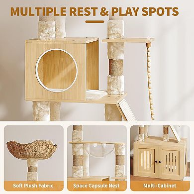 Cat Tree,66.9-Inch Cat Tower,Condo with Food Station,Durable Enclosed Play Tower with Hidden Storage