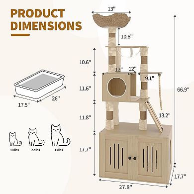 Cat Tree,66.9-Inch Cat Tower,Condo with Food Station,Durable Enclosed Play Tower with Hidden Storage