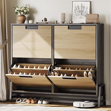 Slim Shoe Cabinet with 4 Flip Drawers, Narrow Entryway Shoe Storage, Oak Finish