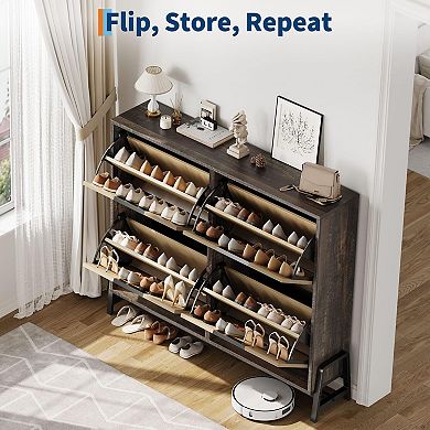 Slim Shoe Cabinet with 4 Flip Drawers, Narrow Entryway Shoe Storage, Oak Finish