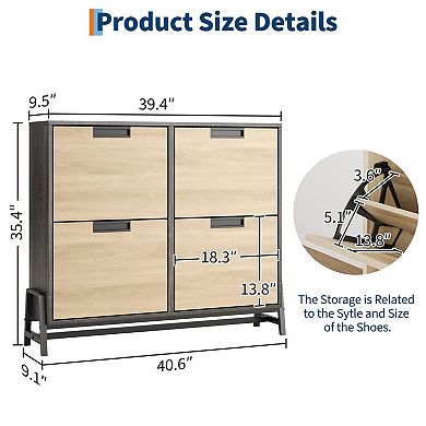 Slim Shoe Cabinet with 4 Flip Drawers, Narrow Entryway Shoe Storage, Oak Finish