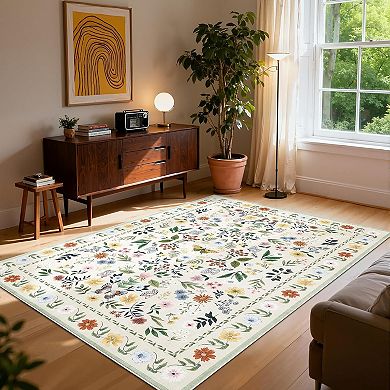 Floral Vintage Washable Non-Slip Rug，Soft Low Pile Thin Floor Mat，Indoor
