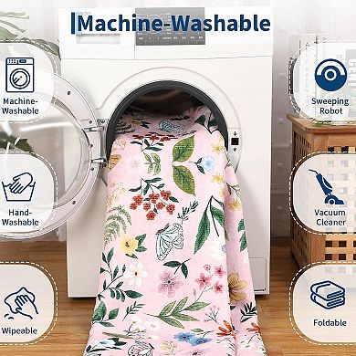 Floral Vintage Washable Non-Slip Rug，Soft Low Pile Thin Floor Mat，Indoor