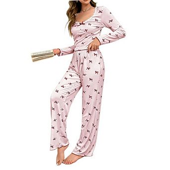 Women's 2 pc Pajamas Set Bow Lace Long Sleeve Top Elastic Waist Wide Leg Pants Loungewear