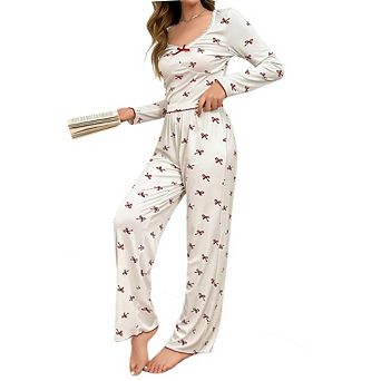 Women's 2 pc Pajamas Set Bow Lace Long Sleeve Top Elastic Waist Wide Leg Pants Loungewear