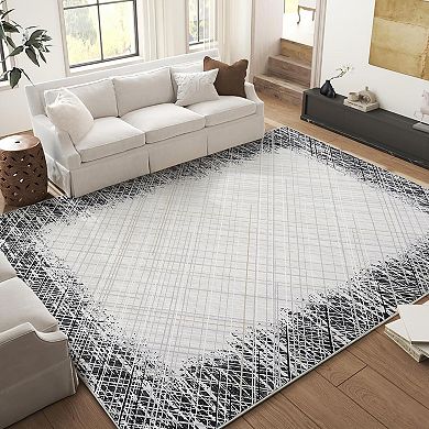 Area Rug，Large Area Rug, Modern Bordered Rug，Stain Resistant，Non-Slip Accent Rug