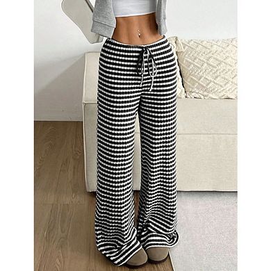 Women's Wide Leg Pants Striped Elastic Casual Cotton Blend Palazzo Pants Drawstring Lounge Trousers