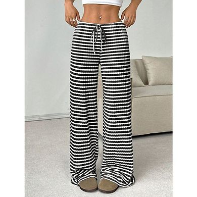 Women's Wide Leg Pants Striped Elastic Casual Cotton Blend Palazzo Pants Drawstring Lounge Trousers