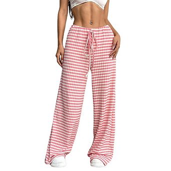 Women's Wide Leg Pants Striped Elastic Casual Cotton Blend Palazzo Pants Drawstring Lounge Trousers