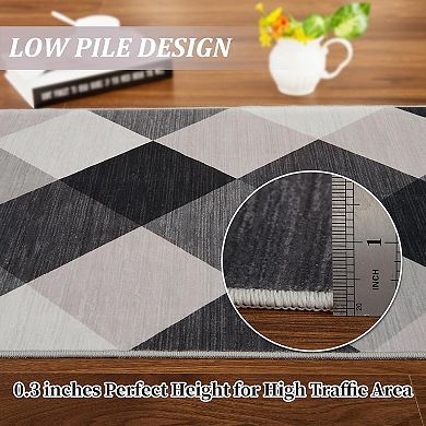 Machine Washable Plaid Checkered Design Non-Slip Rubberback Runner Rug Modern Abstract Geometric