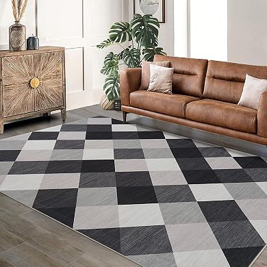 Machine Washable Plaid Checkered Design Non-Slip Rubberback Runner Rug Modern Abstract Geometric