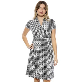 Women's 24Seven Comfort Apparel Geometric V-Neck Short Sleeve Faux Wrap A-Line Dress