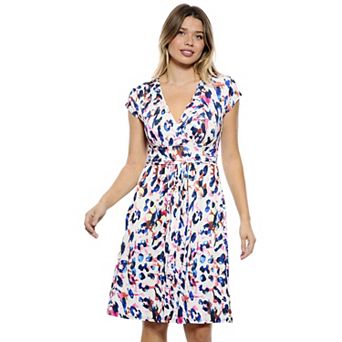 Women's 24Seven Comfort Apparel Abstract V-Neck Cap Sleeve A-Line Pocket Dress