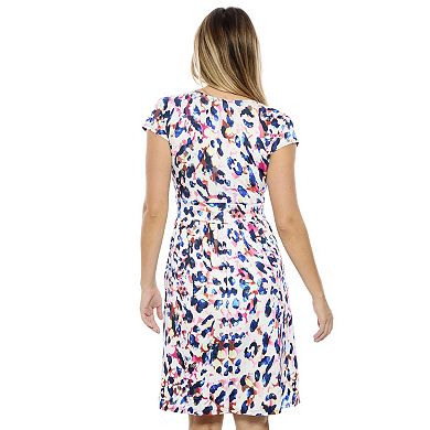 Women's 24Seven Comfort Apparel Abstract V-Neck Cap Sleeve A-Line Pocket Dress