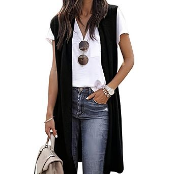Women Long Vest Sleeveless Knit Cardigan Open Front Draped Sweater Duster Casual Outwear Vests