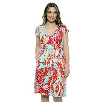 Women's 24Seven Comfort Apparel Abstract V-Neck Cap Sleeve A-Line Pocket Dress
