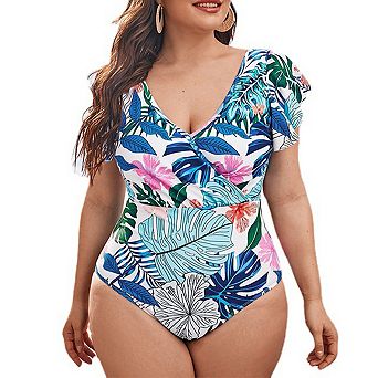 Womens Tummy Control Bathing Suit One Piece Plus Size Swimsuits Lace Up Back Ruffle Swim Suits
