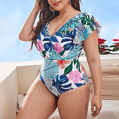 Womens Tummy Control Bathing Suit One Piece Plus Size Swimsuits Lace Up Back Ruffle Swim Suits