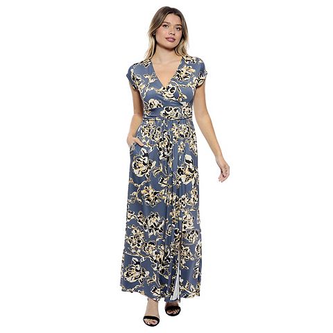 Женские платья 24Seven Women's 24Seven Comfort Apparel Floral V-Neck Cap Sleeve Side Slit Pocket Maxi Dress