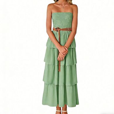 Women's Casual Smocked Maxi Dress Strapless Tiered Ruffle Summer Dress
