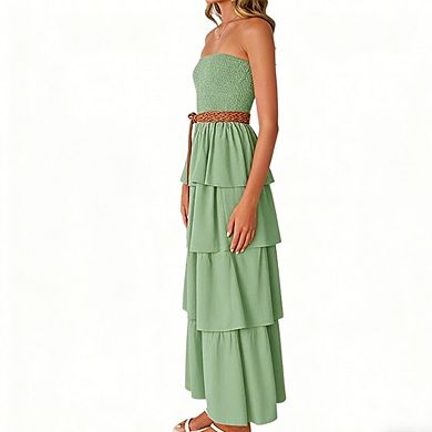Women's Casual Smocked Maxi Dress Strapless Tiered Ruffle Summer Dress