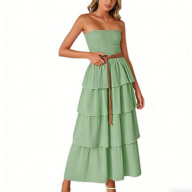 Women's Casual Smocked Maxi Dress Strapless Tiered Ruffle Summer Dress