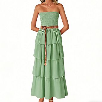 Women's Casual Smocked Maxi Dress Strapless Tiered Ruffle Summer Dress