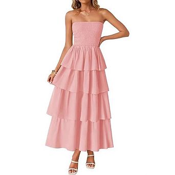 Women's Casual Smocked Maxi Dress Strapless Tiered Ruffle Summer Dress
