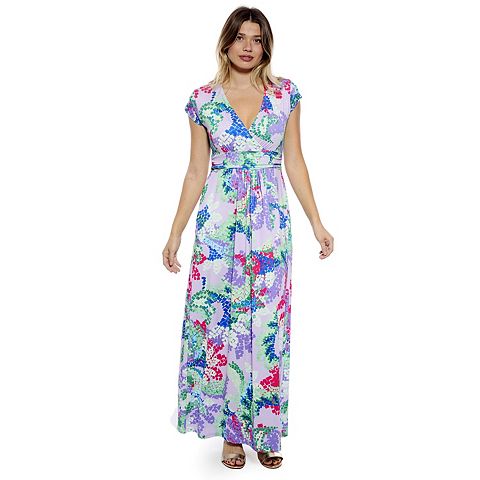 Женские платья 24Seven Women's 24Seven Comfort Apparel Abstract V-Neck Cap Sleeve Side Slit Pocket A-Line Maxi Dress