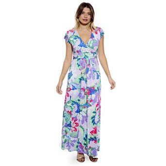 Women's 24Seven Comfort Apparel Abstract V-Neck Cap Sleeve Side Slit Pocket A-Line Maxi Dress